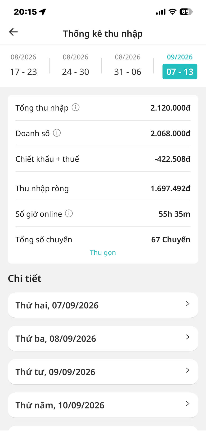 Thống kê thu nhập tuần 07–13/09/2026 trên app tài xế Xanh SM: 67 chuyến, 55 giờ 35 phút online
